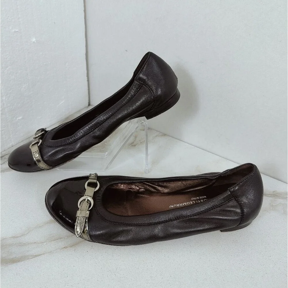 AGL Attilio Giusti Leombruni Black Patent Leather Cap Toe Ballet Flats, 9.5
